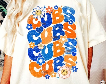 Oursons floraux PNG, sublimation mascotte bleu orange, maillot DTF du match des louveteaux en détresse, football scolaire rétro png, Groovy Cubs téléchargement png