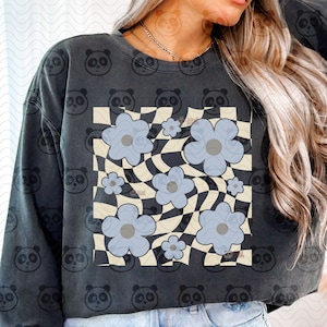 Retro Flowers Png, Wavy Checkered Flowers Png, Spring Png, Neutral Floral Spring T-Shirt png Sublimation, Groovy Spring Png Digital Download