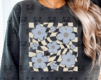Retro Flowers Png, Wavy Checkered Flowers Png, Spring Png, Neutral Floral Spring T-Shirt png Sublimation, Groovy Spring Png Digital Download