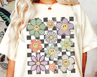 Flores retrô PNG, Sublimação floral xadrez feliz, Design de camisa vintage desgastada, Rosto de sorriso grunge, Boho 70's Groovy Kids png