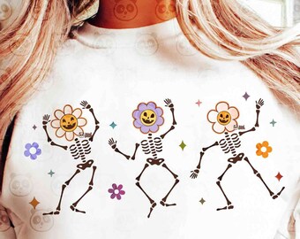 Floral Dancing Skeletons SVG PNG DXF, Skeletons Halloween DtF, Dabbing Skeletons Svg, Dancing Halloween Svg, Halloween Shirt Cricut Cut File