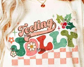 Feeling Jolly png, Retro Christmas PNG, Checkered Holiday Sublimation, Groovy Holly Jolly Christmas Shirt DTF Design, Trendy Merry Christmas