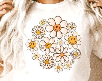 Faccina vintage sorridente, fiori PNG, sublimazione, maglietta floreale felice retrò, felpa Boho estetica, png download di t-shirt grafica Groovy