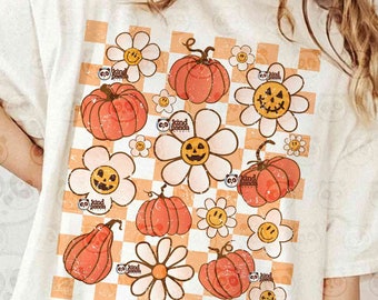 Karierte Boho Halloween PNG, Retro Blumen Herbst Sublimation, Blumen Kürbis PNG, Halloween Shirt DTF Transfer, Gruselige Saison Png Download