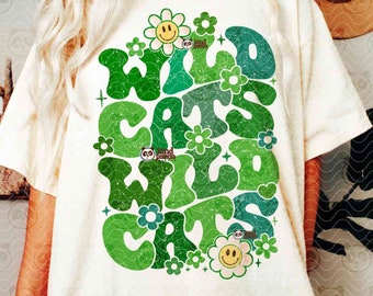 Retro Green Wildcats PNG, Sublimación de mascota floral Wildcats, Groovy Football png, Groovy Game Day Shirt Design, Wildcat Cheer DTF DtG Files