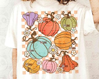 Citrouilles rétro PNG à télécharger, sublimation automne vintage, chemise citrouille bohème png, ambiance d'automne à carreaux png confortable png automne esthétique png
