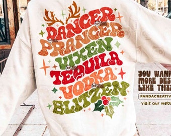 Reindeer & Alcohol Names, Groovy Christmas PNG SVG, Dancer Prancer Vixen Whiskey Tequila Vodka Blitzen, Funny Christmas Sublimation Download