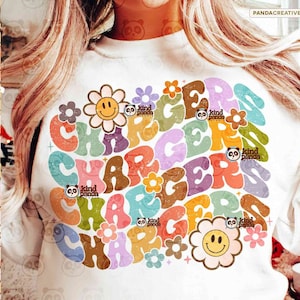 Floral Ladegeräte SVG PNG, Groovy Spieltag Shirt Design, Retro American Football Sublimation, Distressed Ladegeräte Png Maskottchen Schnitt Datei Download