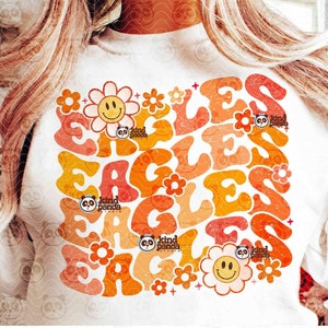 Águilas retro PNG, sublimación de mascota floral, camiseta y sudadera con capucha desgastadas para el día del juego, transferencia DTF, descarga de fanático del equipo universitario Orange Eagles PNG