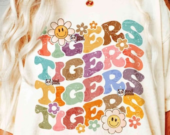 Floral Tigers SVG PNG, Retro Football Mascot Sublimation, Tigers Game Day Shirt Dtf Transfer design, Groovy Tigers Fan png, Cheer Mom png