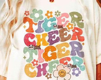 Tigre floral animado SVG PNG, diseño de transferencia DTF de camiseta de animadora de equipo, chica animadora guay png, tigres animadoras png, mascota retro sublimada