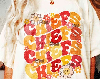 Retro Chiefs PNG SVG, Floral Mascot Shirt DTF Transfer, Groovy Game Day Sublimation, College Football Cut File, Distressed Girls Sports DtG