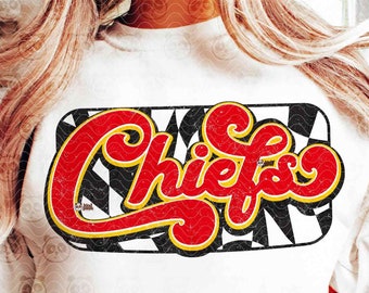 checkered Chiefs PNG, Vintage Mascot Shirt Sublimation, Red Yellow Game Day DTF Transfer Distressed College Football Sports DTG Screen Print