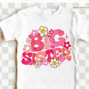 Roze bloemen Big Sister PNG-sublimatie, Retro Sister Shirt Design, Cute Groovy Birthday Sister png, DTF Transfer, Big Sis png Download