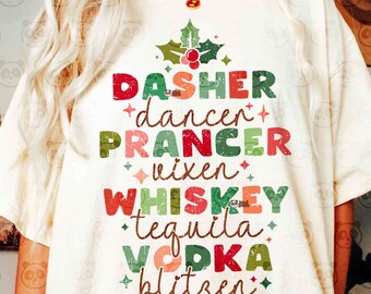 Retro Christmas PNG SVG, Dasher Dancer Prancer Vixen Whiskey Tequila Vodka Blitzen, Alcohol Xmas, Funny Christmas Sublimation T-Shirt Design