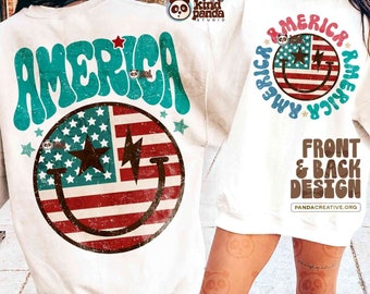 Vintage America PNG, Front & Back Design, Retro USA Shirt png Sublimation, Groovy 4th of July png, Summer Hoodie DTF Transfer png Download