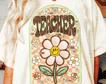Vintage Smile Teacher PNG, Happy Daisy Teacher Shirt DTF Transfer design, Retro Teaching png, Checkered Back to school png Digital Download