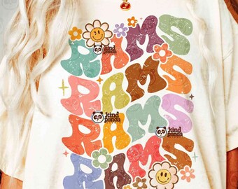 Floral Rams SVG PNG, Groovy College Game Day Shirt Design, Retro American Football Sublimation, Distressed Rams png Mascot DTF Transfer