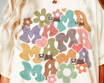 Retro Mama SVG PNG Floral Sublimation, Groovy Mom Shirt design, Trendy Mommy Cut File, Wavy Letters DTF Transfer, Boho Mama png download