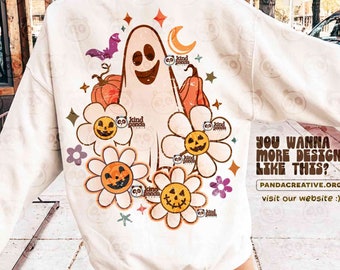 Floral Hippie Ghost PNG, Retro Halloween png Shirt, Funny Halloween Sublimation, Spooky Cute Boo png download Happy Pumpkins & Flowers png