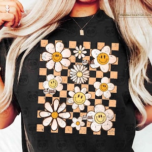 checkered flowers png summer smile face flowers retro flowers png download dtf transfer design