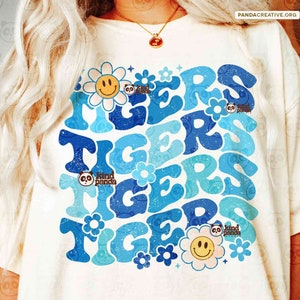 Groovy Tigers SVG PNG DXF, Retro Blue Mascot Sublimation, Tigers Game Day png Shirt Dtf Transfer design, Floral Tigers png digital download