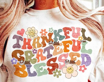 Thankful Grateful Blessed Png Svg, Retro Thanksgiving Shirt PNG Design, Christian Fall DTF Transfer, Floral Fall svg Cut File T-shirt png