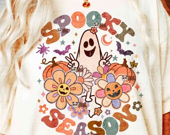 Blumen-Halloween-Geist PNG, gruselige Saison Png-Sublimation, Girly Halloween-Shirt DTF-Transfer, Retro-Geist Png, Herbst Png Dtf, Ghouls Png