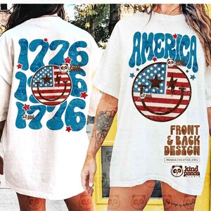Retro Smile America 1776 PNG, projekt z przodu i z tyłu, sublimacja na koszulce w stylu vintage z USA, modny 4 lipca png, letni nadruk DTF ze zniszczonymi elementami