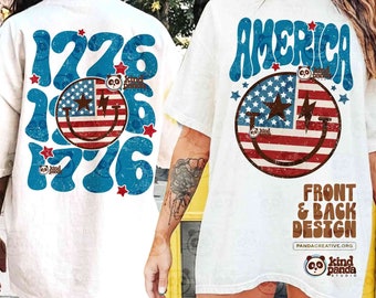 Retro Smile America 1776 PNG, Front & Back Design, Vintage USA Shirt Sublimation, Groovy 4th of July png, Summer Distressed DTF Transfer