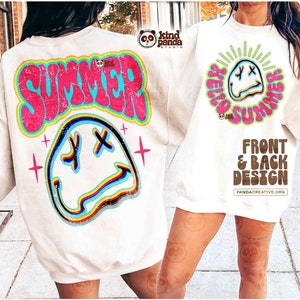 May include: White sweatshirt with a distressed graphic design on the back that says "SUMMER" in a retro font with a rainbow smiley face. The front of the sweatshirt has a circular design with the text "HELLO SUMMER" in a similar font.
