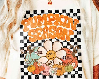 Vintage citrouille saison PNG, sublimation automne rétro à carreaux, citrouilles png, automne floral png, conception de transfert DTF de T-shirt de Thanksgiving