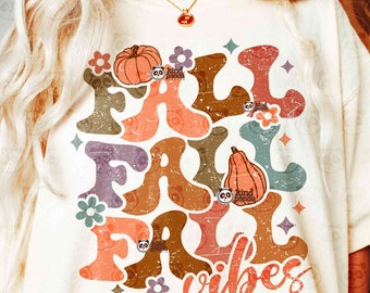 Retro Fall Vibes Png Svg, Groovy Floral Autumn Png Sublimation, Thanksgiving Shirt Png, Cute Pumpkins png, Fall Sweatshirt DTF Transfer