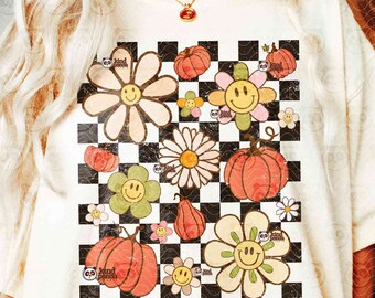 Vintage Checkered Fall Png Sublimation, Retro Thanksgiving Png, Cozy Pumpkins & Flowers Sweatshirt png, Fall Shirt Png Design, Autumn png