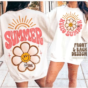 Retro Hello Summer SVG PNG Sublimation, Smile Floral Vacation Shirt Front & Back Design, Sunshine Groovy Trendy Beach Hoodie DTF Transfer