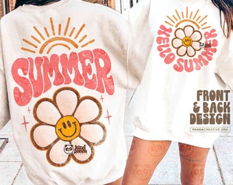 Retro Hello Summer SVG PNG Sublimation, Smile Floral Vacation Shirt Front & Back Design, Sunshine Groovy Trendy Beach Hoodie DTF Transfer