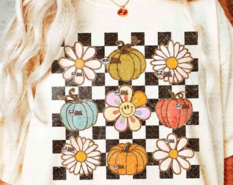 Sublimation automne Png damier vintage, fleurs citrouilles rétro PNG, conception de tshirt sweat-shirt saison confortable, automne png, Halloween téléchargement png