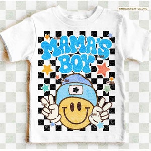 Checkered Boy PNG, Mama&#39;s Boy png, Retro Toddler Sublimation, Peace Beanie Boy, Kids Shirt Design, Baby Boy png Design, Blue boy shirt png
