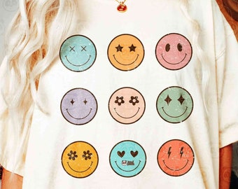 Retro Hippie Smile Face SVG PNG Sublimation - Distressed Happy Faces Shirt Design, Boho Love Star Bolt Smile Face DTF Transfer File