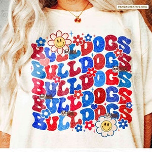 Red Blue Bulldogs PNG, Floral School Mascot Shirt Sublimation DTF Transfer, Groovy College Sports Football Team, Bulldogs Digital Download