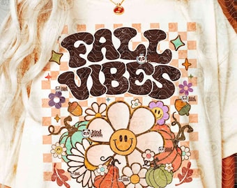 Retro Fall Vibes PNG, Vintage Pumpkins & Flowers Sublimation, Distressed Fall Shirt Design, Cozy Season png, Autumn Season png Download