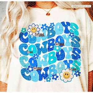 Blue Retro Cowboys PNG, Floral Mascot Sublimation, College Sports Team, Cowboys Game Day Shirt DTF Transfer, Groovy Cowboys Football png
