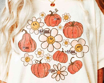Retro Cozy Season PNG, Vintage Fall png, Pumpkins & Happy Flowers Sublimation, Floral Fall Shirt DTF File, Girly Autumn Vibes png download