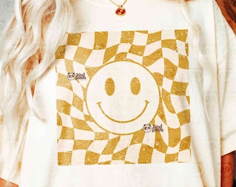 Wavy Checkered Smile Face SVG PNG Sublimation, Distressed Happy Face Shirt Design, Vintage Groovy Hoodie DTF Dtg Transfer File Download