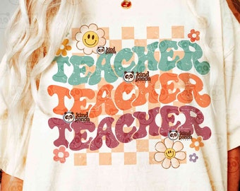 Geruite leraar PNG, bloemen onderwijsshirt sublimatieontwerp, Groovy Educator png, retro leraar png digitale download