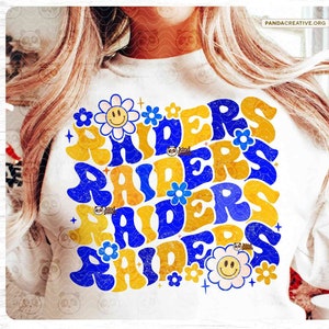 Groovy Raiders PNG, Blue Yellow Floral Mascot Sublimation, Distressed Game Day Shirt Png, Retro High School Football png, Grunge Raiders png