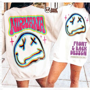 Trendy Happy Face PNG Sublimation, Groovy Neon Summer Hoodie & T-Shirt Front Back Design, Popular Preppy Concert DTF Transfer file design