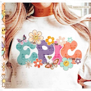 Floral epische PNG-sublimatie, vintage kindershirt DTF-ontwerp, grunge glimlach gezicht schermafdruk, Epics mascotte, speldag, retro schoolteam DTG