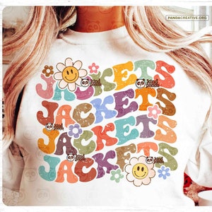 Floral Jackets SVG PNG, Groovy College Game Day Shirt Design, Retro American Football Sublimation, Distressed Girls Football Mascot DTF Dtg