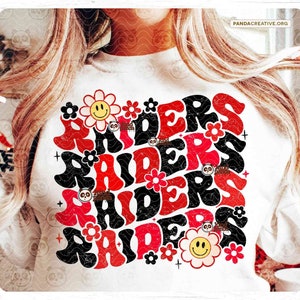 Red Black Raiders PNG, Groovy Floral Mascot Sublimation, Distressed Game Day Shirt Png, Retro High School Football Fan, Grunge Raiders Cheer